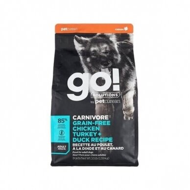 GO! SOLUTIONS CARNIVORE GRAIN-FREE CHICKEN, TURKEY AND DUCK sausas maistas suaugusiems šunims